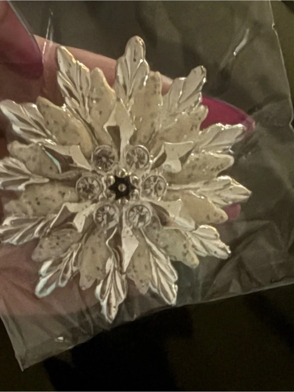 Vintage Silver and White Snowflake Brooch with Crystal Centers